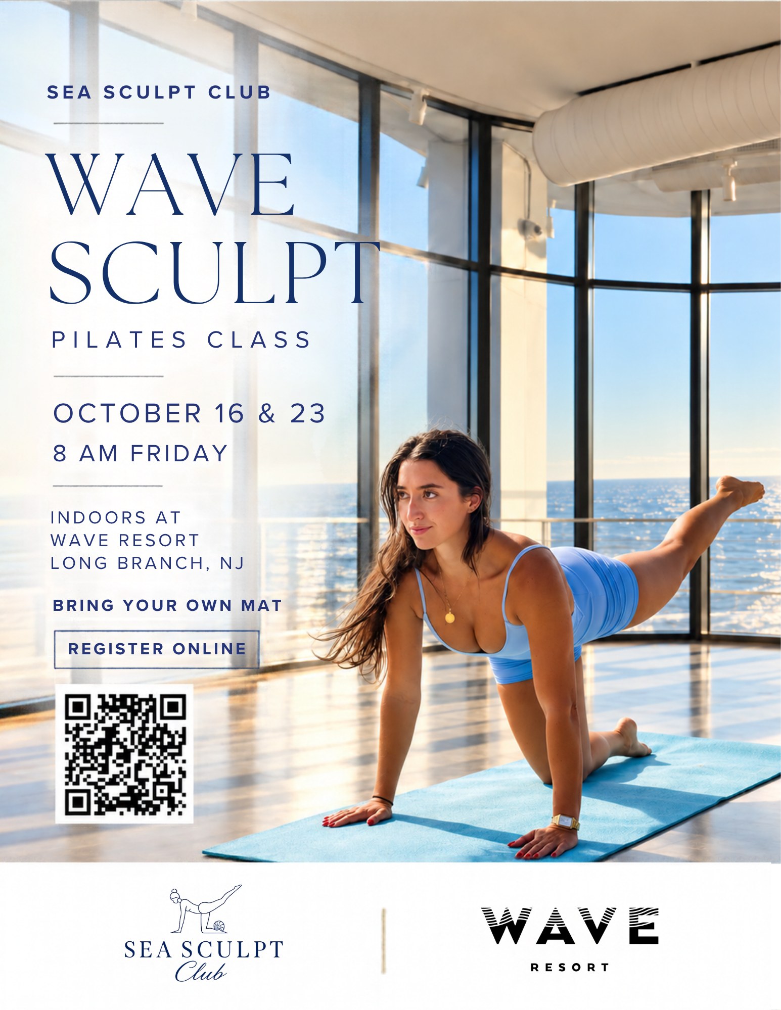 Wave Sculpt Pilates class flyer: October 16 and 23, Fridays at 8 AM, indoors at Wave Resort, Long Branch, NJ